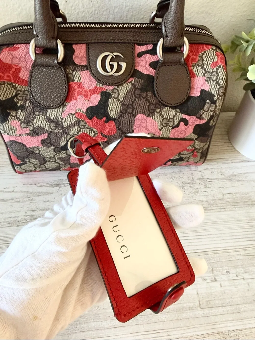 New Gucci GG Emblem pink camouflaged duffle travel crossbody handle medium bag,